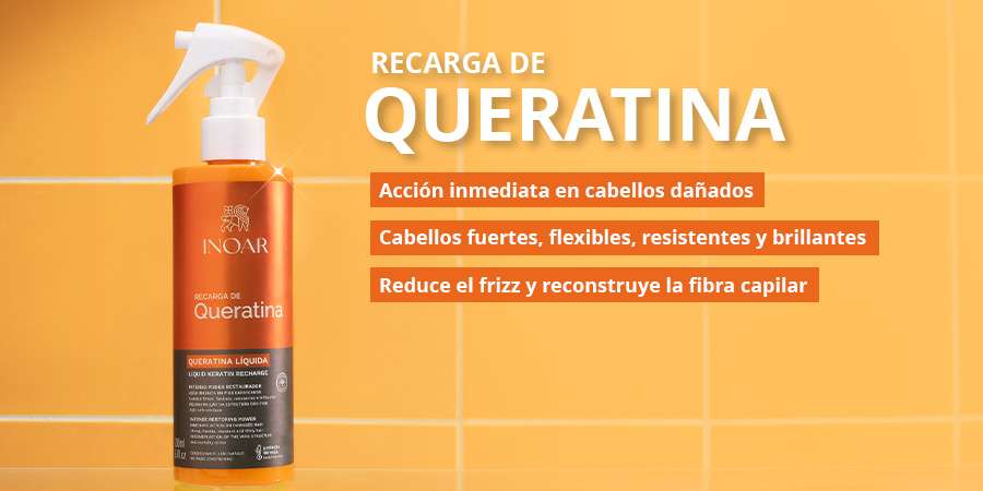 Recarga de Queratina de Inoar. Acción inmediata en cabellos dañados. Cabellos fuertes, flexibles, resistentes y brillantes. Reduce el frizz y reconstruye la fibra capilar.